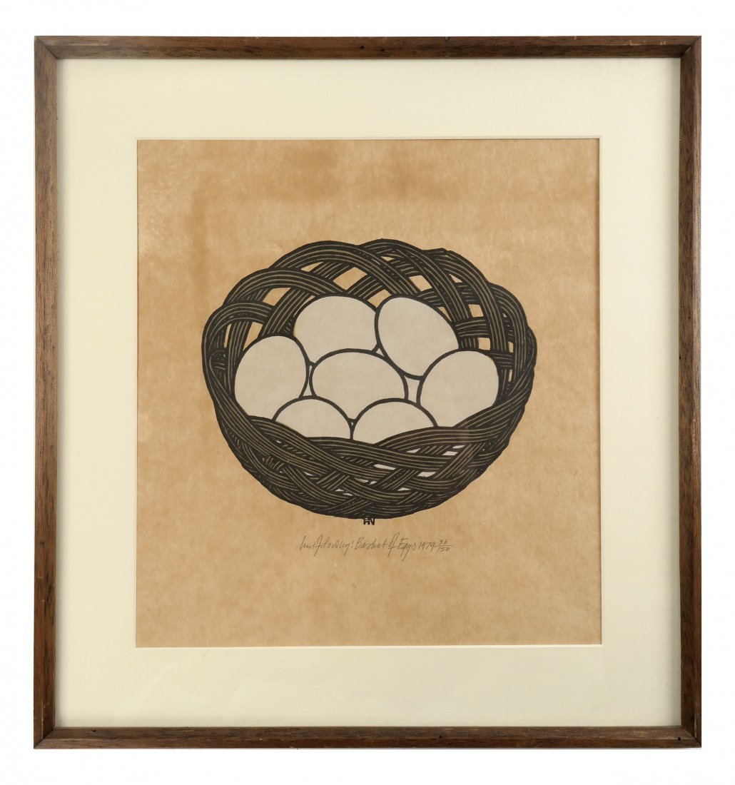 Jacques Hnizdovsky, "Basket of Eggs": Stylized still life with eggs in a woven basket. Signed below image at center, "Jacques Hnizdovsky: Basket of Eggs 1979 36/150." [Image: 6 3/4" x 8" on larger sheet; Matted and framed under glass: 17"