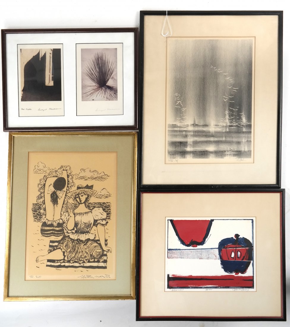 Three Lithographs and Two Photos: Lithograph titled "Apples" by John M. Bolles, two photos in a frame, a lithograph titled "Sun Women" by Fletcher Martin, and a lithograph of birds at the water by Richard Florsheim. [12" x 16" to 21"