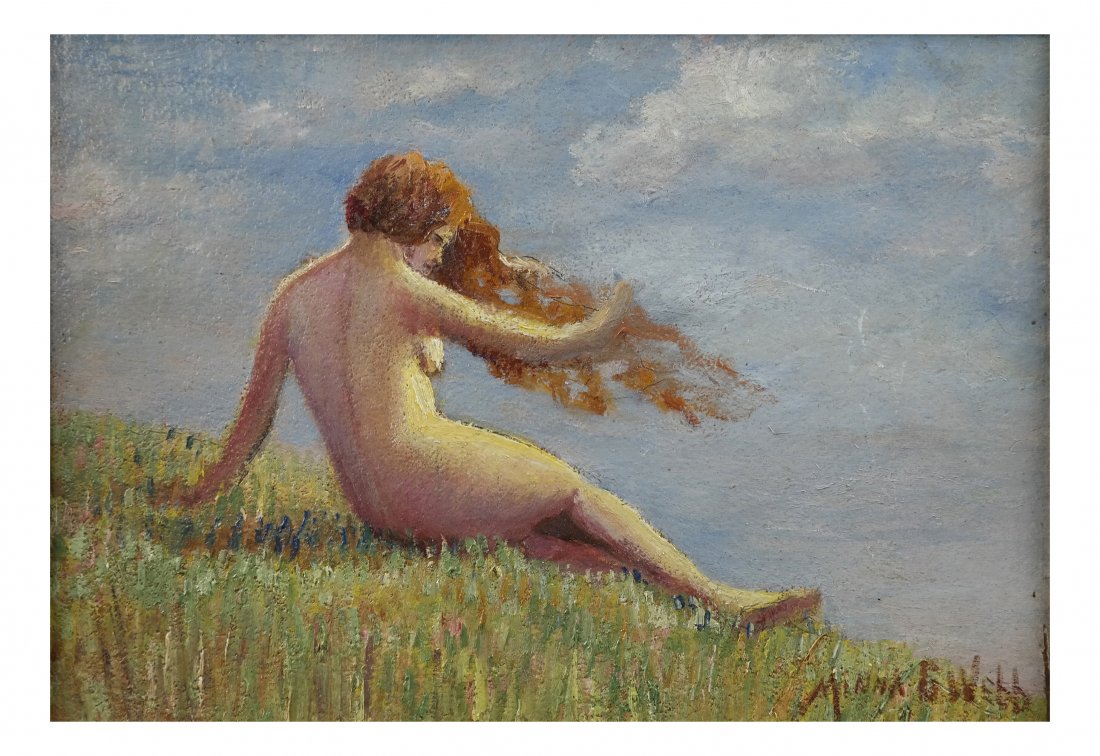 M. Webis, Female Nude, Oil on Carton: Oil on carton of a reclining woman in a landscape. [Art: 7 1/2" x 10"; Frame: 10 1/2" x 13 1/2"]. Overall good condition.