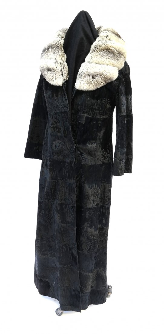 Ladies' Lamb and Chinchilla Maxi Coat: Sheared lamb maxi-coat with chinchilla collar. Size 8-10. Good condition.