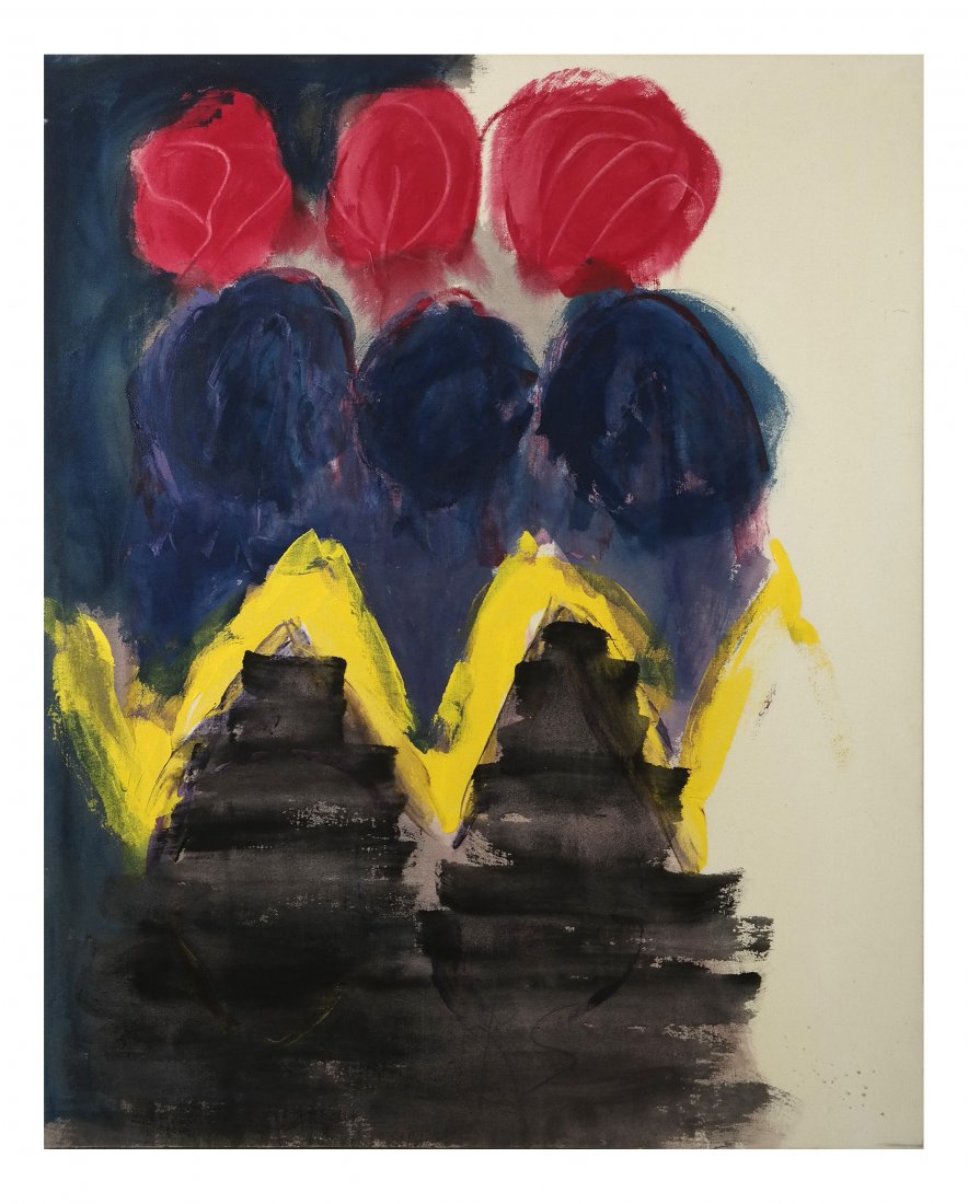 Kimber Smith, "Rose Garden," O/C: Kimber Smith (American, 1922-1981). Initialed recto "KS," on verso "KS, E.H., 1976, Rose Garden." Abstract, oil on canvas. [40" x 32"]. Light soiling.