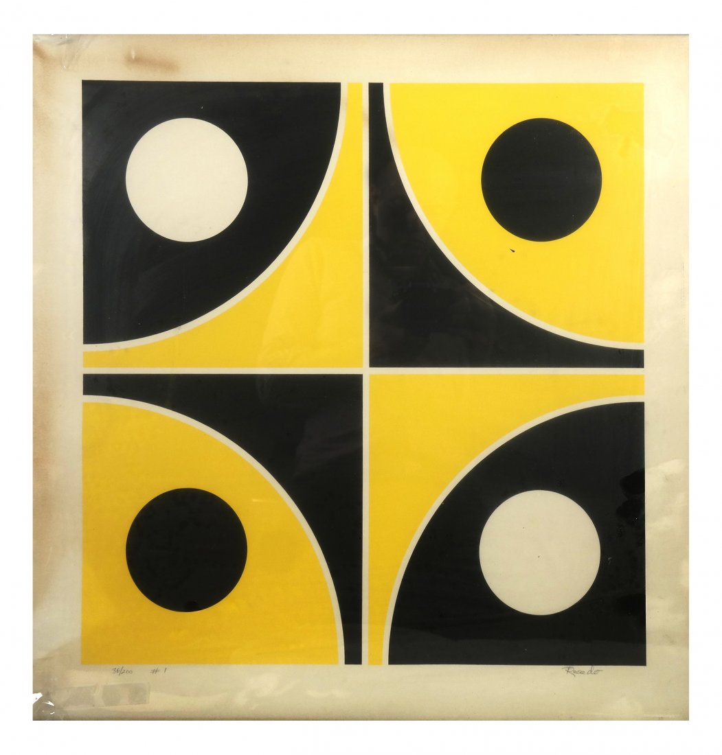Julio Rosado "Geometric" Serigraph: Julio Rosado, signed lower right "Rosado" serigraph. Lower left, "36/200, #1." [Art: 24" x 24"; Frame: 24 1/2" x 24 1/2"]. Overall toning and discoloration. Frame broken.
