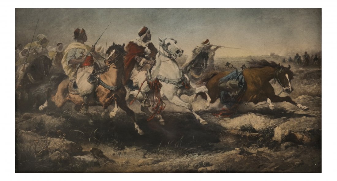 After Adolph Schreyer, "Arabs in Battle": After Adolph Schreyer, "Arabs in Battle" hand-colored lithograph. [Sight: 9 1/2" H x 17" H; Frame: 12 3/4 H x 20 1/4" H]. Overall toning, losses to gesso frame.