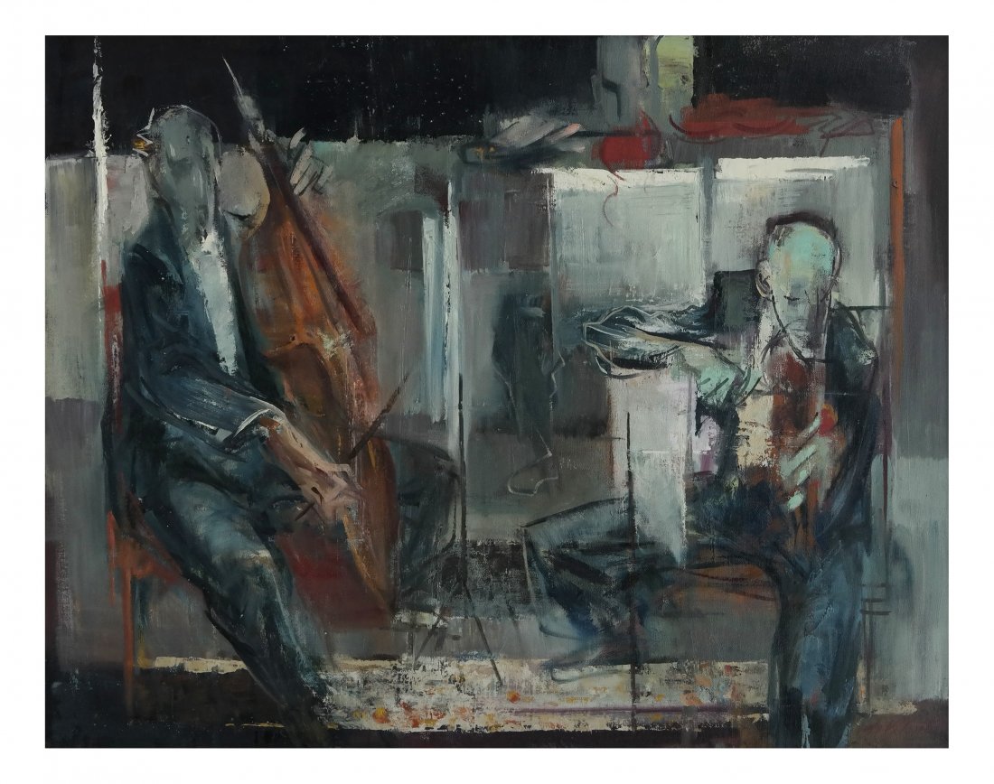 Louis di Valentin, "String Duet": Louis di Valentin oil on canvas "String Duet". Signed lower right "di Valentin". [Art: 24" x 30; Frame: 31" x 37"]. In good condition.
