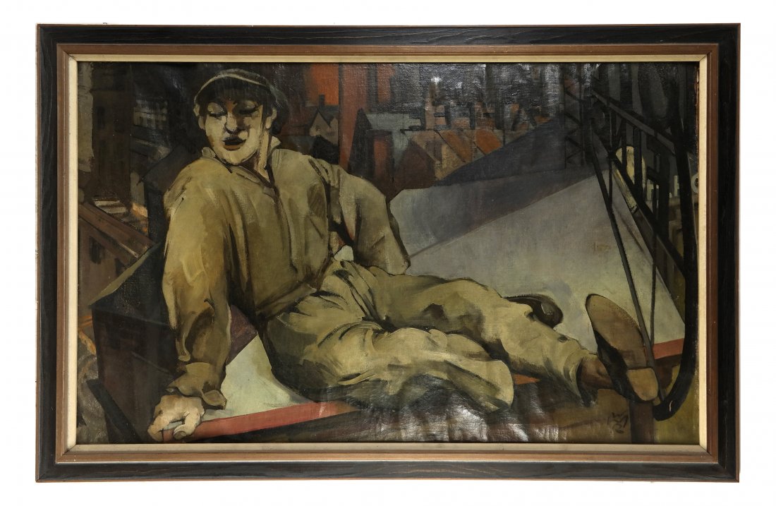 WPA Manner, Man on a Scaffold: Framed oil on canvas laid on a carton, of a man sitting on a scaffold. Signed illegibly, lower right. [Art: 23" x 34"; Frame: 28" x 40"]. Buckling, some soiling, minor paint loss.