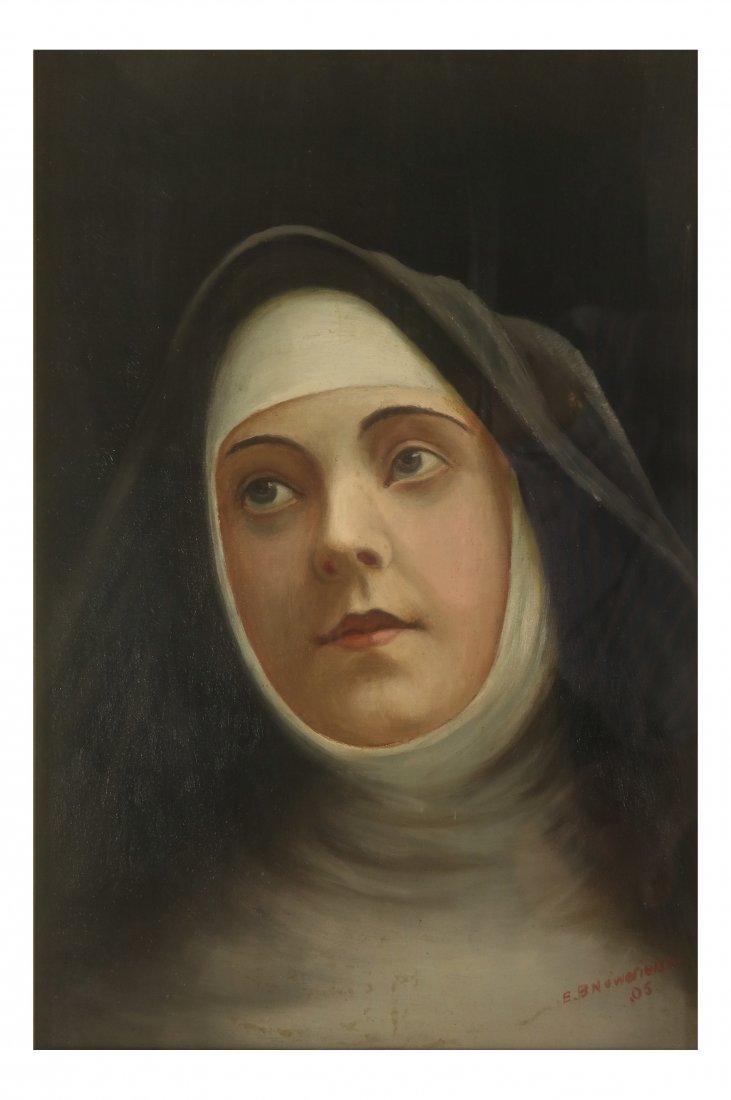 E. Bnowerielson, Nun: Shadow box framed portrait of a nun. Signed lower right. [Art (sight): 14" x 9"; Frame; 21" x 16"]. Soiling on verso, not examined out of frame.