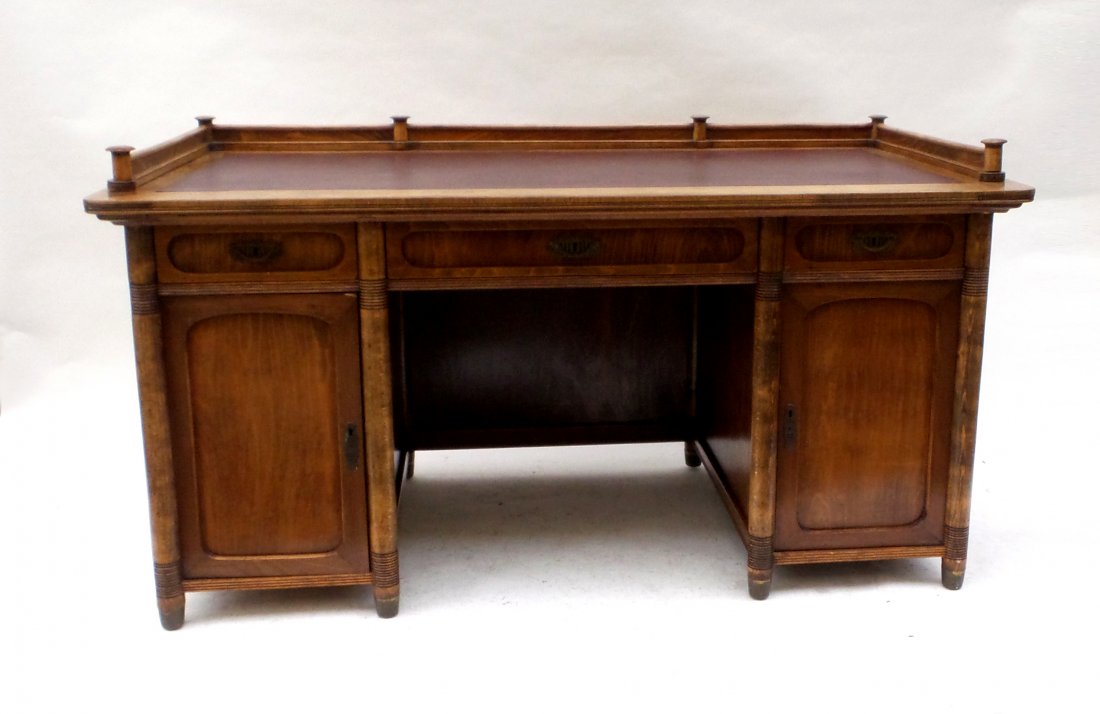 Custom Islamic-Style Desk: British colonial pedestal desk with gallery and leather top.