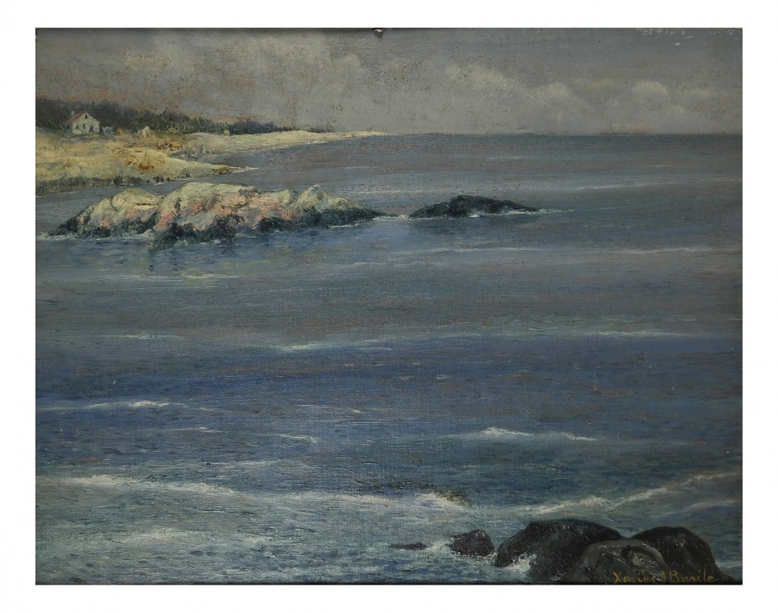 Xavier J. Barile, "North Atlantic": Oil on academy canvas board titled "North Atlantic". Signed lower right and initialed on verso "XJB New York City 1942". [Art: 15 3/4" x 19 1/4"; Frame: 24" x 28"]. Board warped.