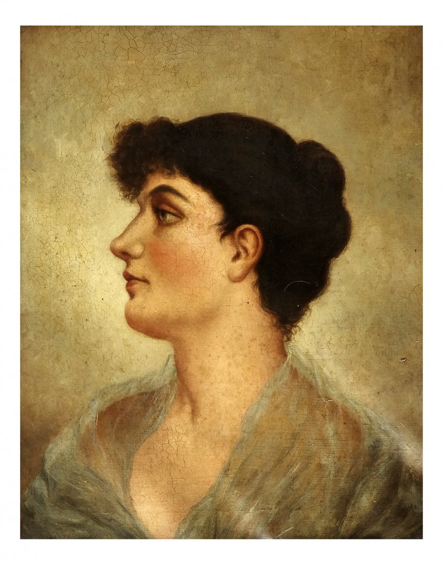 E. McLean, Portrait, Oil on Canvas: A framed painting of a woman, signed lower left, dated 1890. [Art: 20" x 16"; Frame: 24" x 19 3/4"]. Craquelure, soiling, buckling.