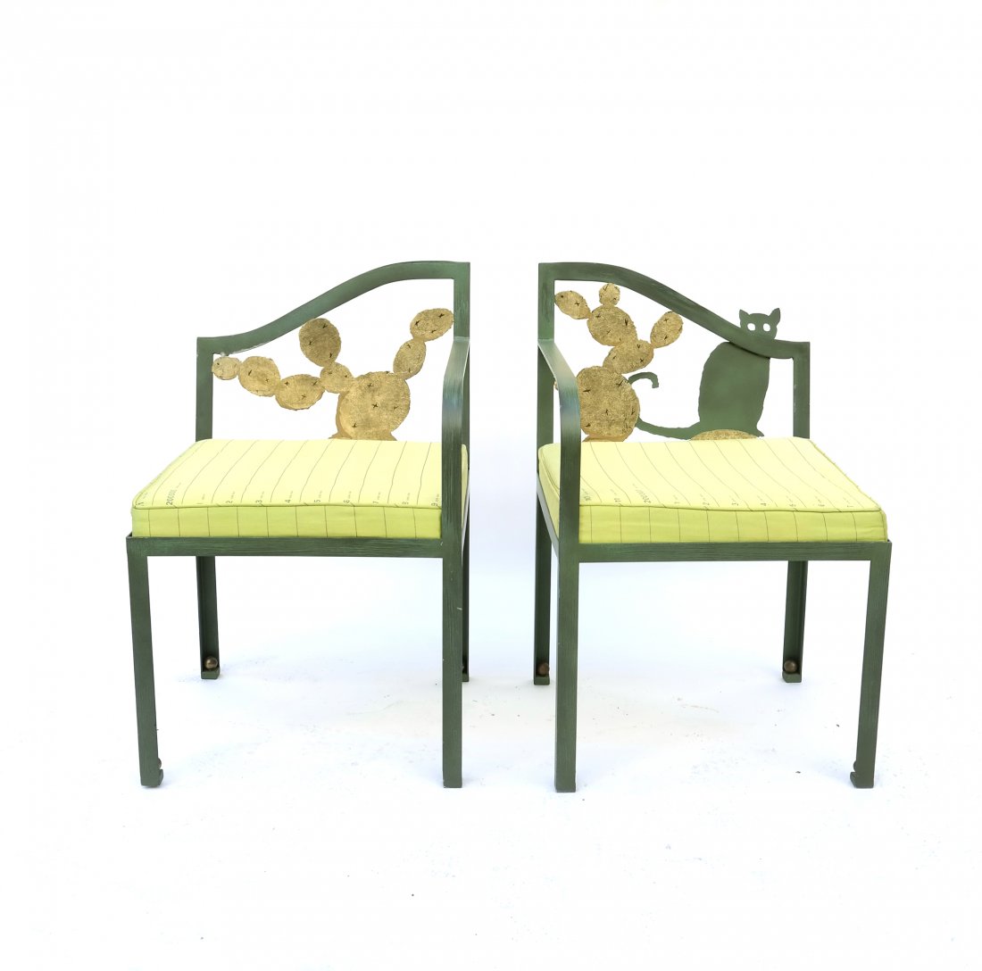 Pair of Cat and Cactus-Form Chairs: Pair of contemporary green and gold painted chairs (together as a settee form). [19 3/4" L x 19 1/2" D x 30 1/2" H (each). Minor wear.