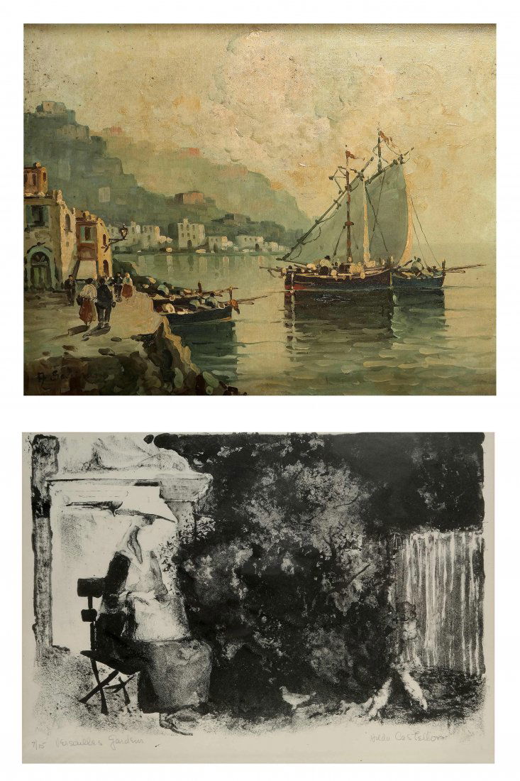 H. Castellon Lithograph and Port Scene (1 of 10)