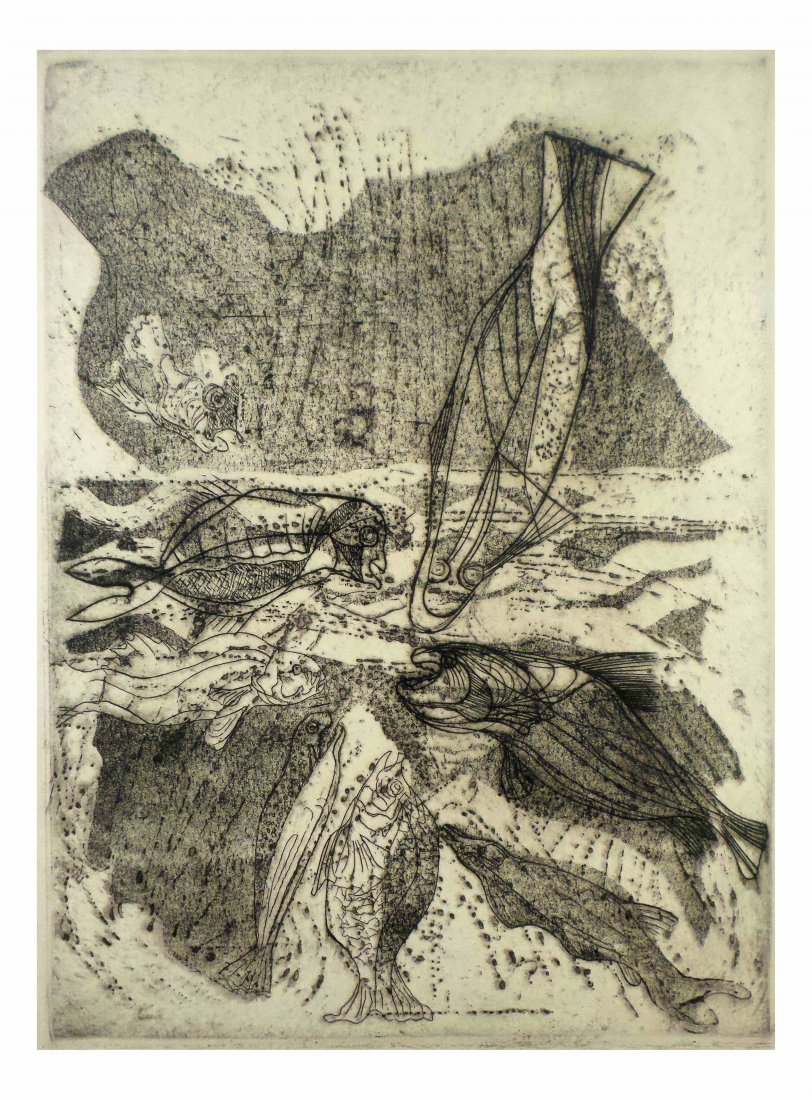 Kurt Roesch, "Conversation of the Fish": Kurt Roesch, etching with aquatint. "Conversation of the Fish…". Signed lower right in pencil. [Etching: 15" x 20 1/2", matte: 20" x 16"]. Toning, foxing, vertical creases.