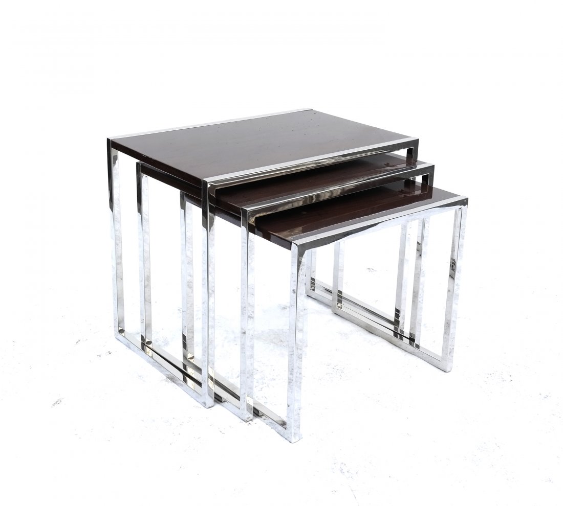Nest of Three Modern Tables: Nest of three laminate and chrome tables. [23 3/4" W x 15 3/4" D x 20" H]. In overall good condition.