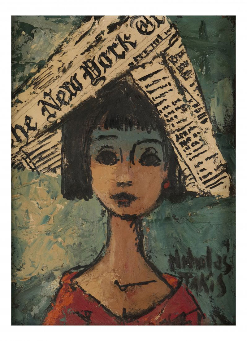 Nicholas Takis, Portrait of a Girl: Nicholas Takis oil on masonite depicting a girl with newspaper hat. [12" H x 9" W; Frame: 18 1/2" H x 15 3/4" W]. In good condition.