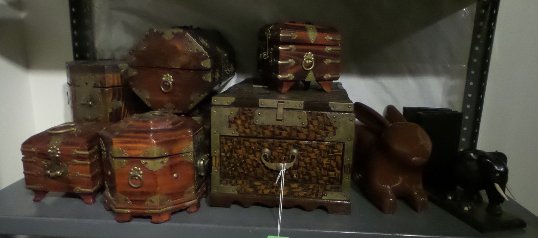 Group of 10 Decorative Objects: Comprising: 1.) Six wooden Chinese boxes with hinged lids. [4 1/2" x 4 1/2" to 9" x 12"]. In good condition with few scratches. 2.) Two elephant-form wood bookends. [6 3/4" W x 6" H]. In fair conditio