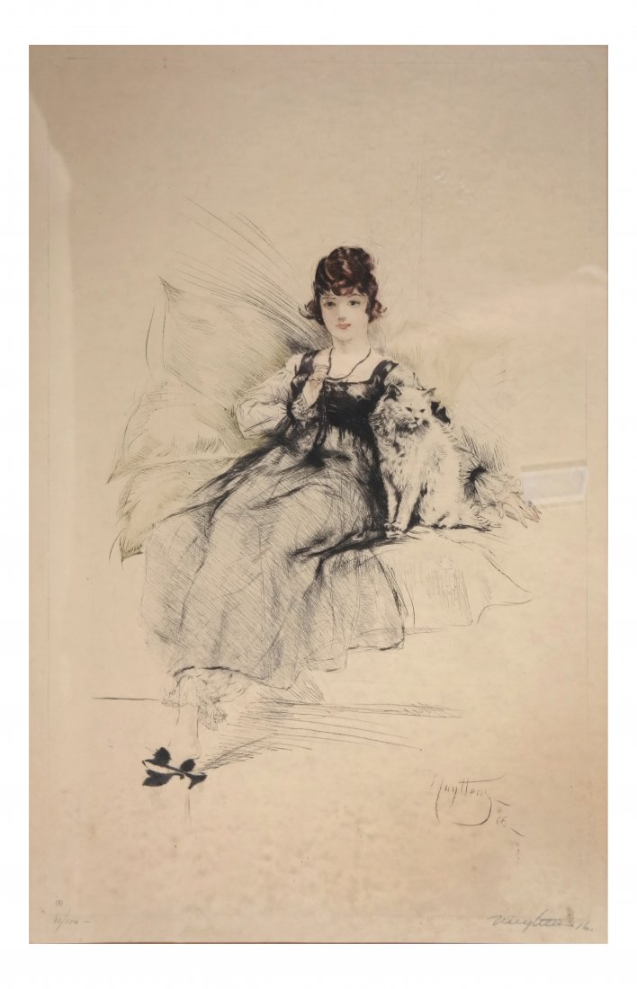 J.P. Nuyttens, Lady with Cat - Etching: Etching depicting a young woman with cat. Signed and dated " '16". #11/100. [Sight: 18 5/8" H x 12 3/4" W; Frame: 26" H x 18 1/2" W]. Toning.