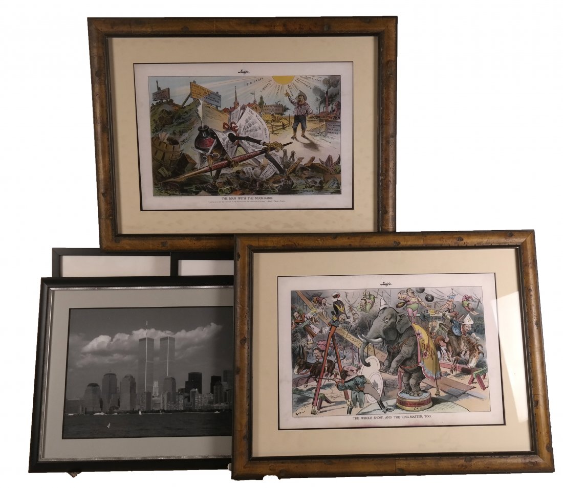 Group of 7 Framed Works of Art: Includes: 1.) Three reprints of T. Roosevelt. [20" H x 18" W]. In good condition. 2.) Three political cartoons of T. Roosevelt. [23 1/4" H x 30" W]. 3.) Framed image World Trade Center. [30" W x 23" H