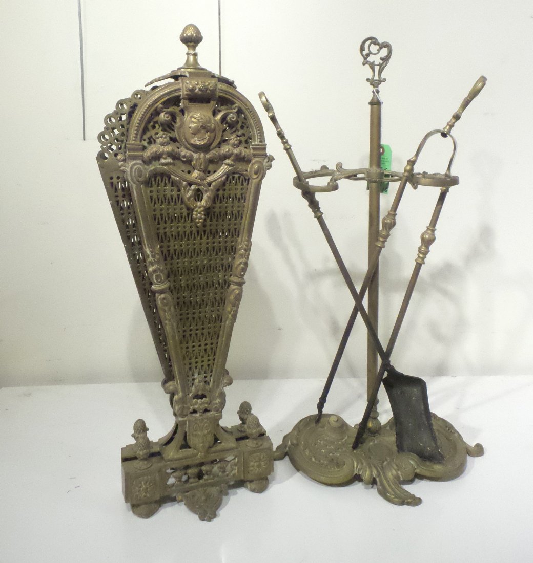 Bronze Baroque Fire Screen and Irons (1 of 2)