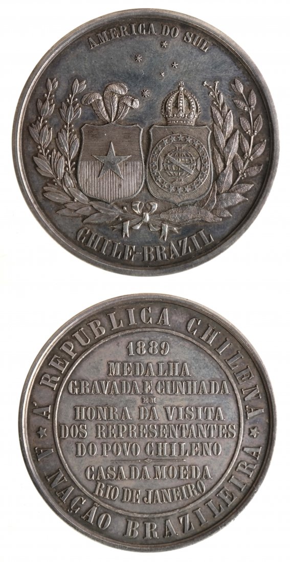 Brazil Chilean Official Visit Medal: Brazil 1889 Chilean Official Visit silver medal. Visit of Chilean officials to the Rio de Janeiro Mint silver medal, by Carneiro, DPA #420, C #186, measures approximately 1 13/16 inch in diameter. Tot