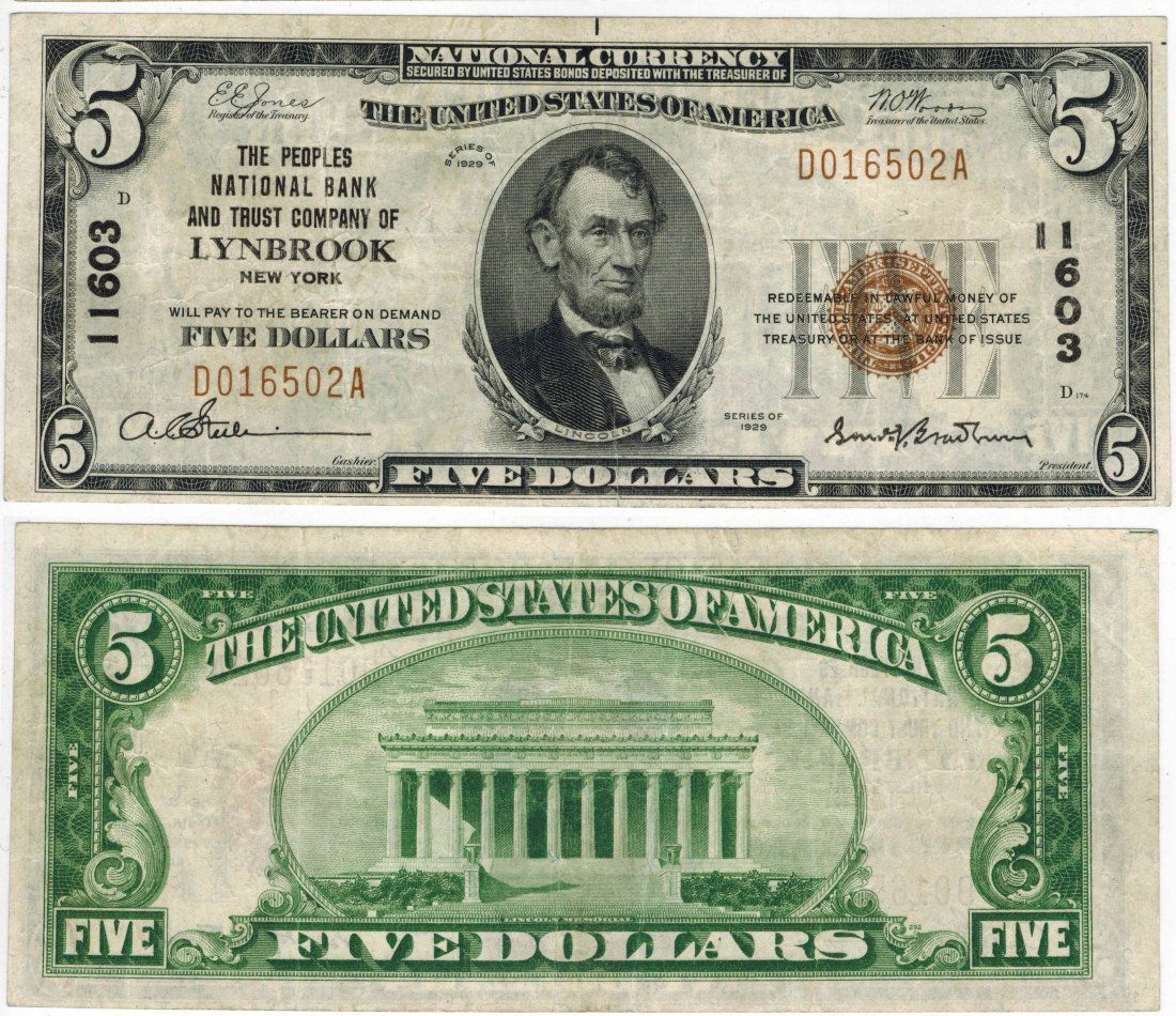 U.S. 1929 $5 National Bank Note (1 of 3)