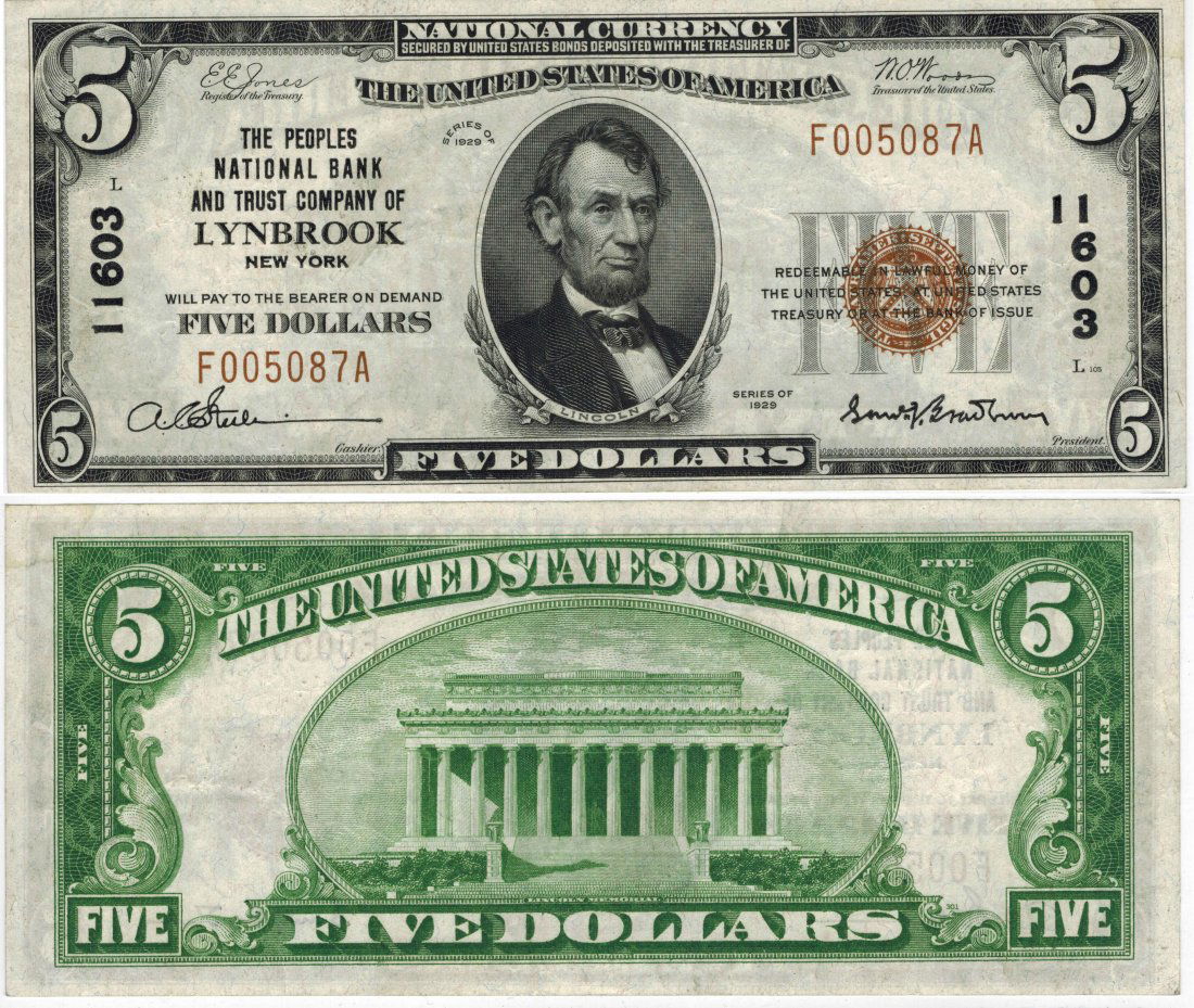 U.S. 1929 $5 National Bank Note (1 of 3)