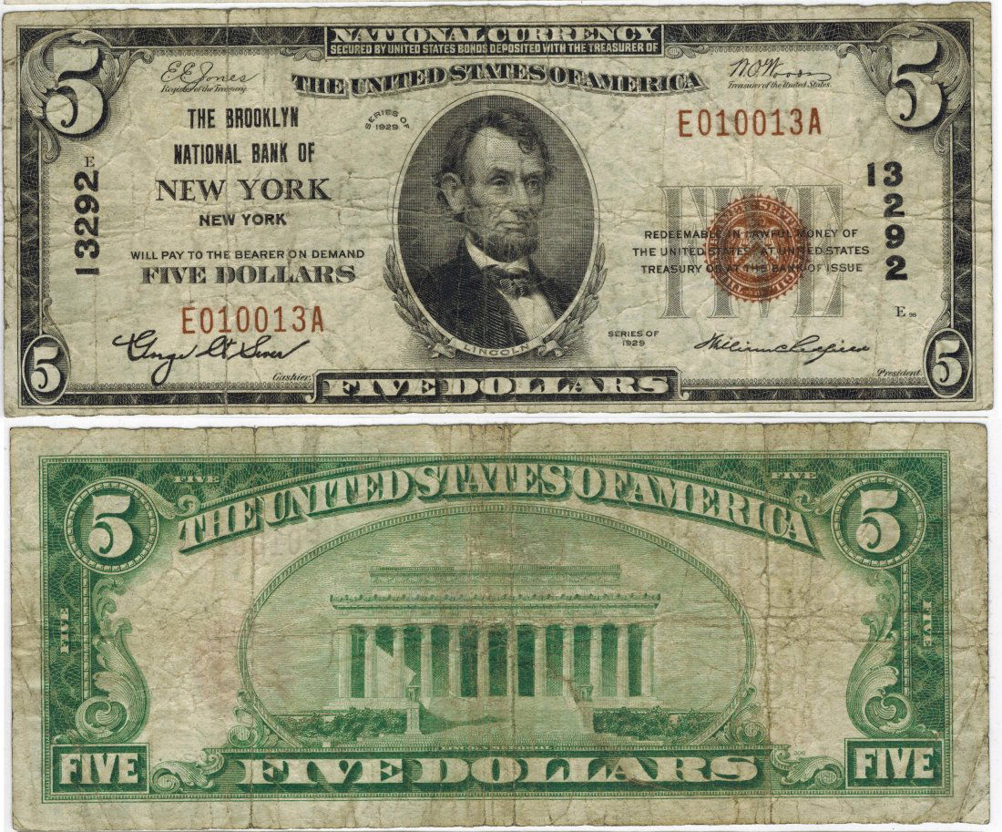 U.S. 1929 $5 National Bank Note (1 of 3)