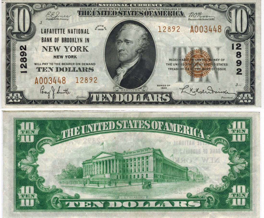 U.S. 1929 $10 National Bank Note (1 of 3)