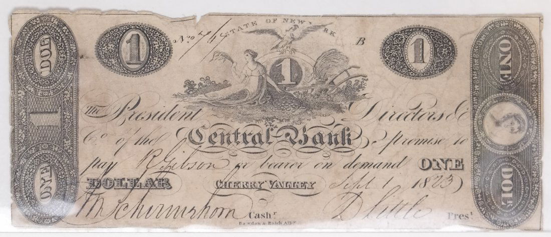 Central Bank 1823 $1 Obsolete Note (1 of 2)