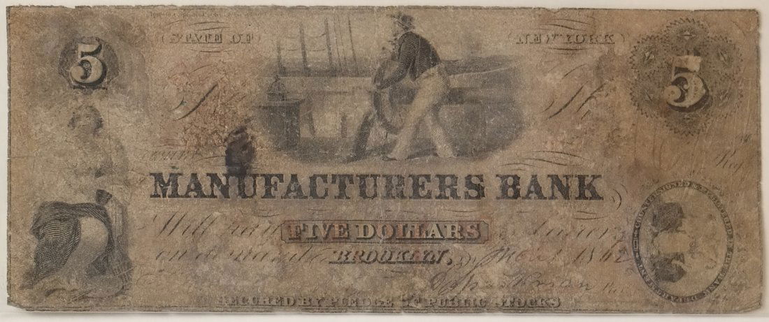 Manufacturers Bank 1862 $5 Obsolete Note (1 of 2)