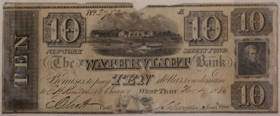 Watervliet Bank 1836 $10 Obsolete Note (1 of 2)