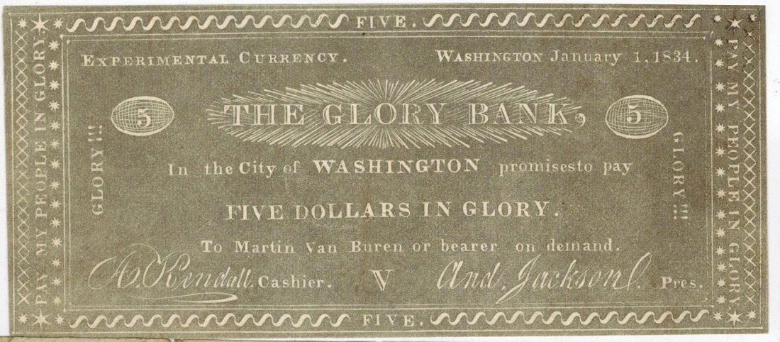 The Glory Bank 1834 $5 Satirical Note (1 of 2)