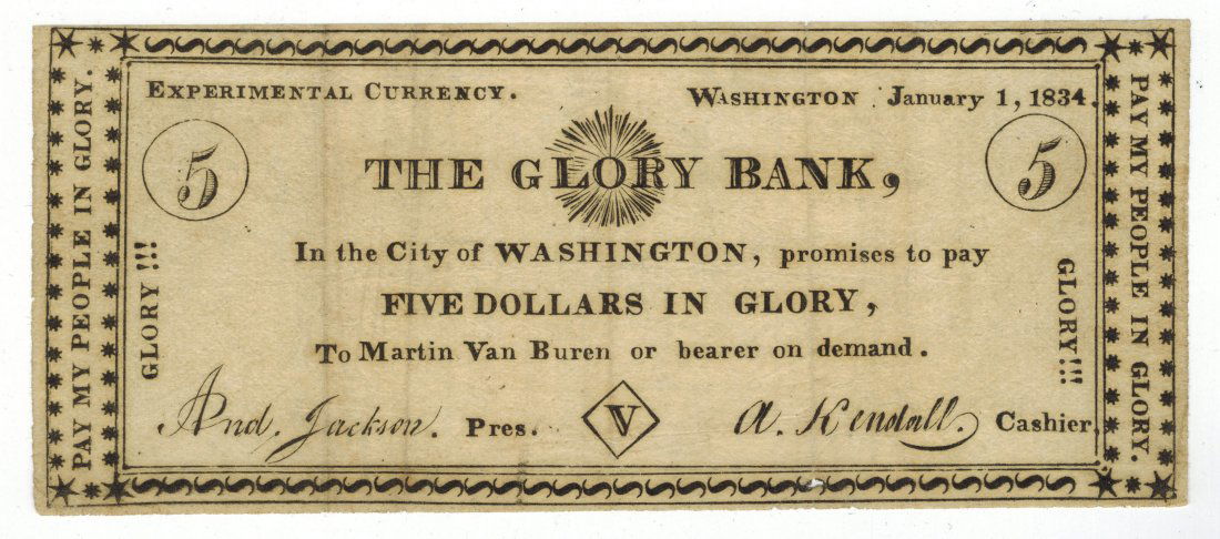 The Glory Bank 1834 $5 Satirical Note (1 of 3)