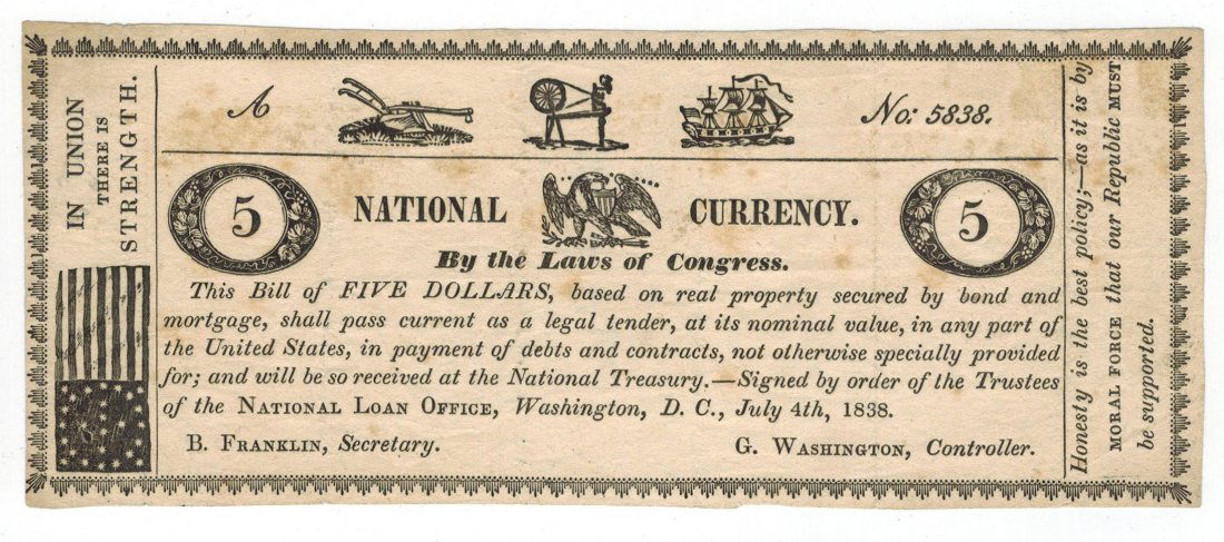 National Currency 1838 $5 Satirical Note (1 of 2)