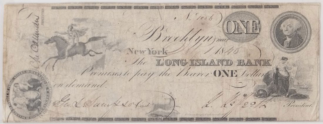 Long Island Bank 1845 $1 Obsolete Note (1 of 2)