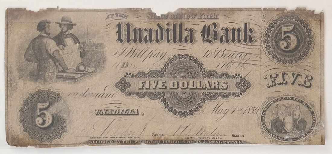 Unadilla Bank 1859 $5 Obsolete Note (1 of 2)
