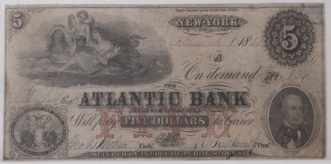 The Atlantic Bank 1858 $5 Obsolete Note (1 of 1)