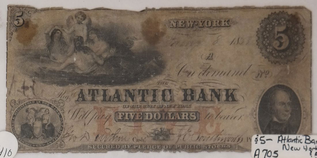 The Atlantic Bank 1858 $5 Obsolete Note (1 of 2)