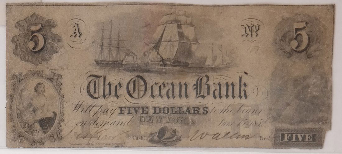 The Ocean Bank 1852 $5 Obsolete Note (1 of 2)
