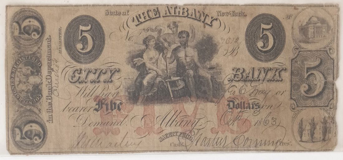 Albany City Bank 1863 $5 Obsolete Note (1 of 2)