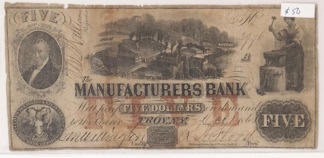 Manufacturers Bank 1861 $5 Obsolete Note (1 of 2)