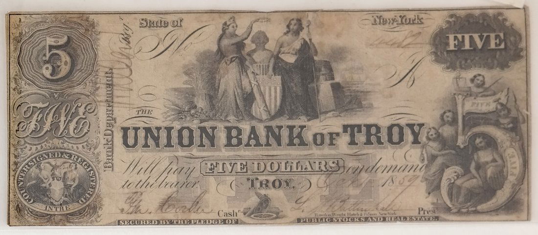 Union Bank Of Troy 1859 $5 Obsolete Note (1 of 2)