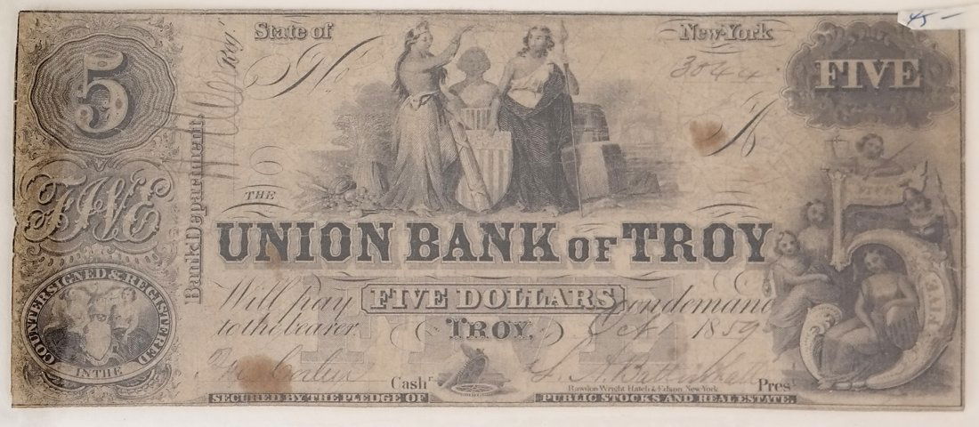 Union Bank Of Troy 1859 $5 Obsolete Note (1 of 2)