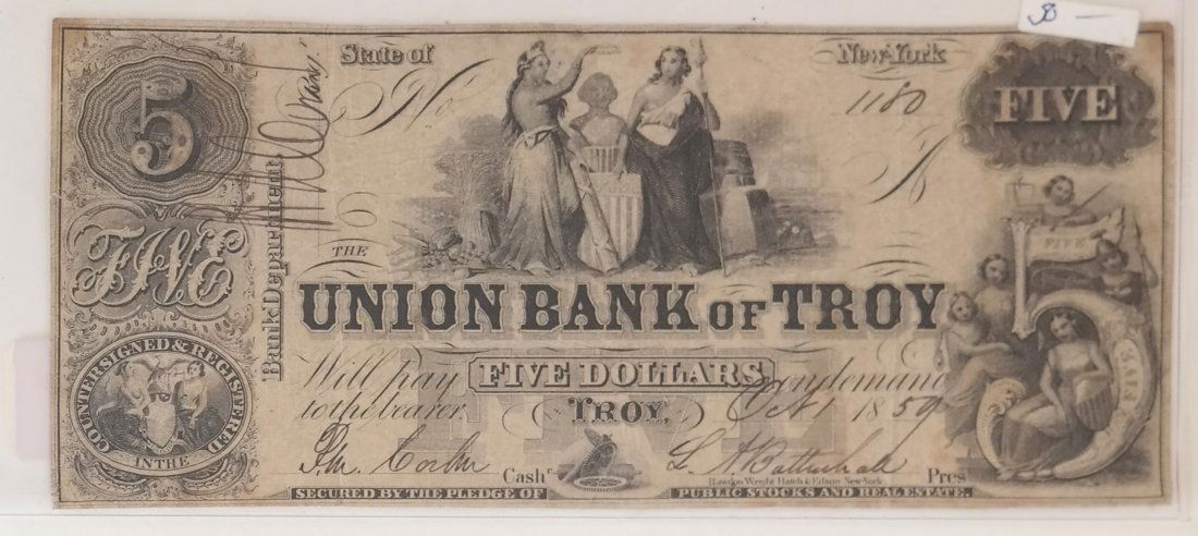 Union Bank Of Troy 1859 $5 Obsolete Note (1 of 2)