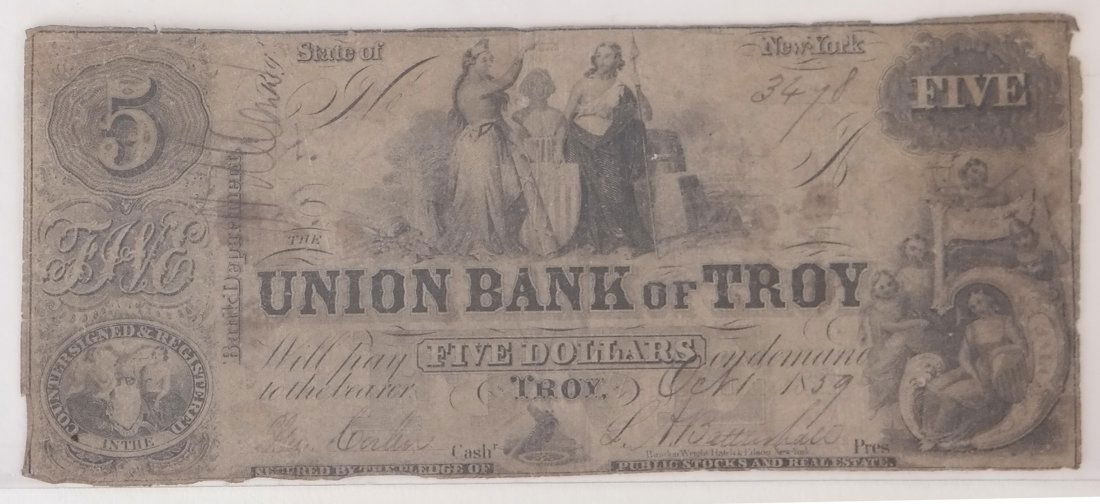 Union Bank Of Troy 1859 $5 Obsolete Note (1 of 2)
