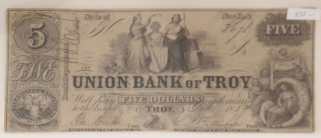 Union Bank Of Troy 1859 $5 Obsolete Note (1 of 2)