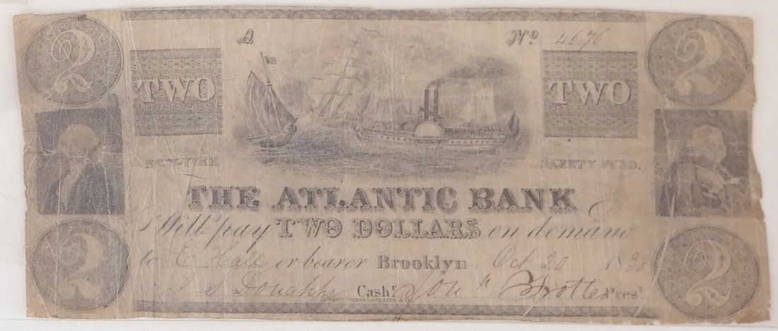 Atlantic Bank 1838 $2 Obsolete Note (1 of 2)