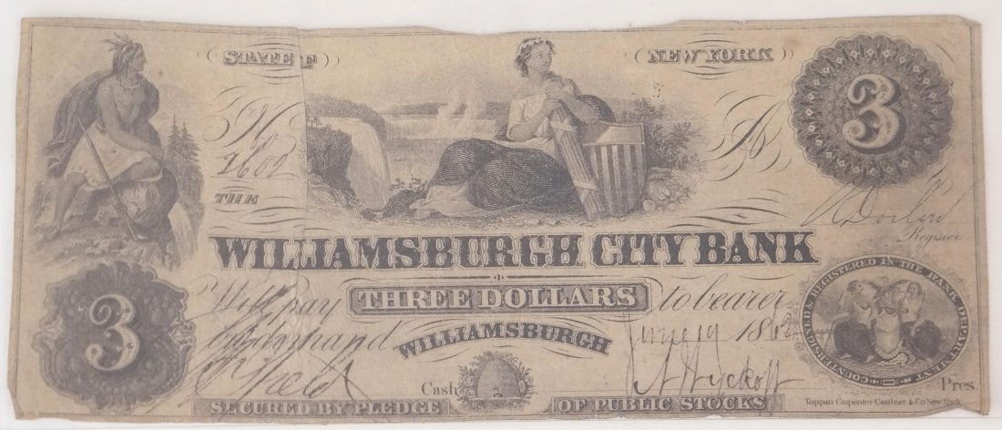 Williamsburgh City Bank $3 Obsolete Note (1 of 2)