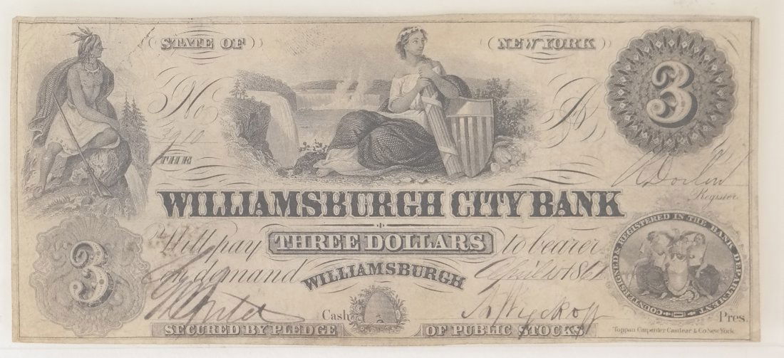 Williamsburgh City Bank $3 Obsolete Note (1 of 2)
