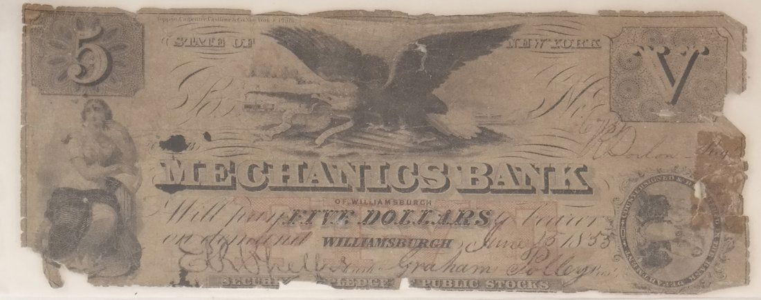 Mechanics Bank Williamsburgh $5 Note (1 of 2)