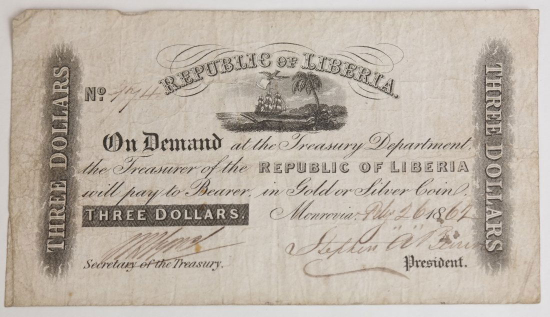Republic Liberia 1862 $3 Treasury Note (1 of 2)